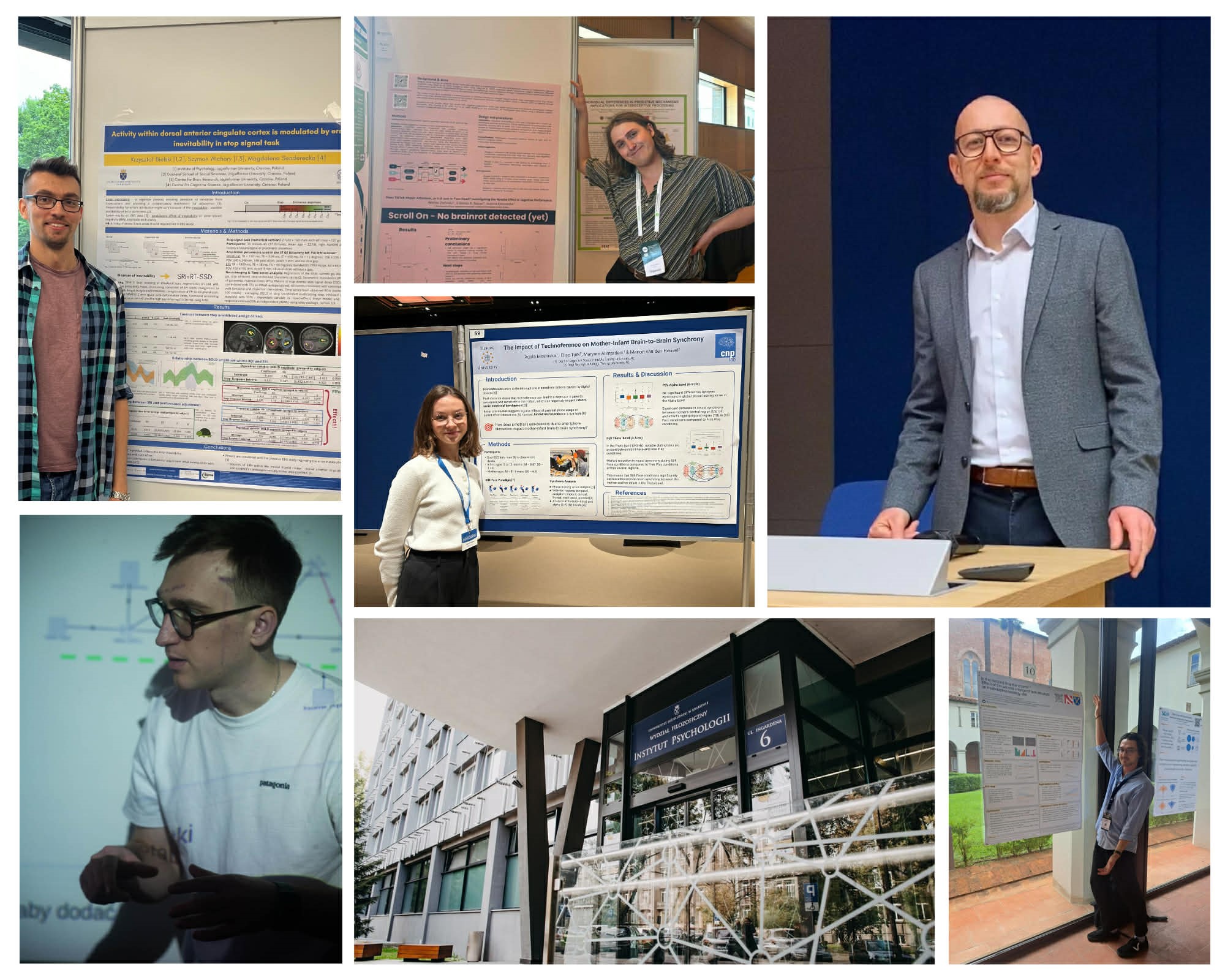 Photo collage showing members of the DABB Lab research team during academic activities. Several images depict individuals standing next to scientific posters at conferences and giving presentations. One image shows the team leader speaking at a podium. Other images show researchers presenting posters indoors and outdoors. The collage also includes a photograph of the building of the Institute of Psychology at Jagiellonian University.